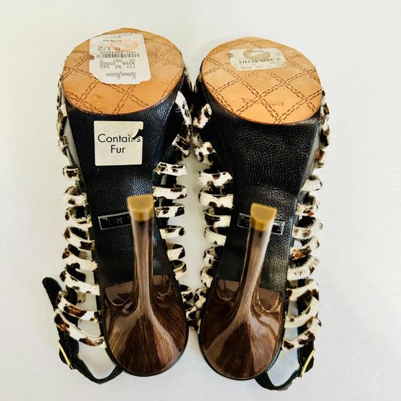 L.A.M.B. LAMB STRAPPY SLINGBACK LEATHER AND FUR STILLETO HIGH HEELS - Picture 5 of 10